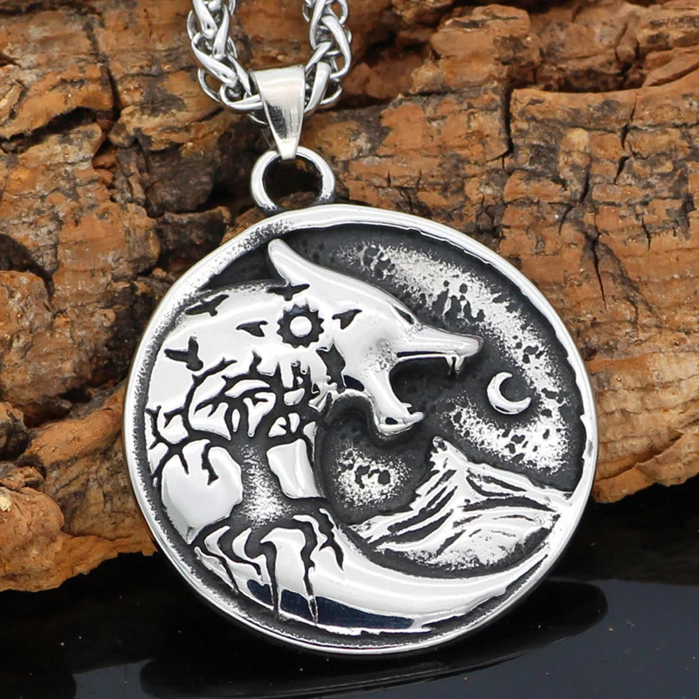 WorldNorse Wolf Head With Moon Night Rune Amulet Necklace