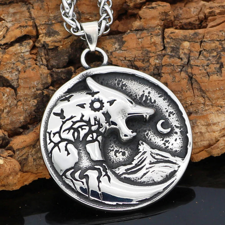 WorldNorse Wolf Head With Moon Night Rune Amulet Necklace