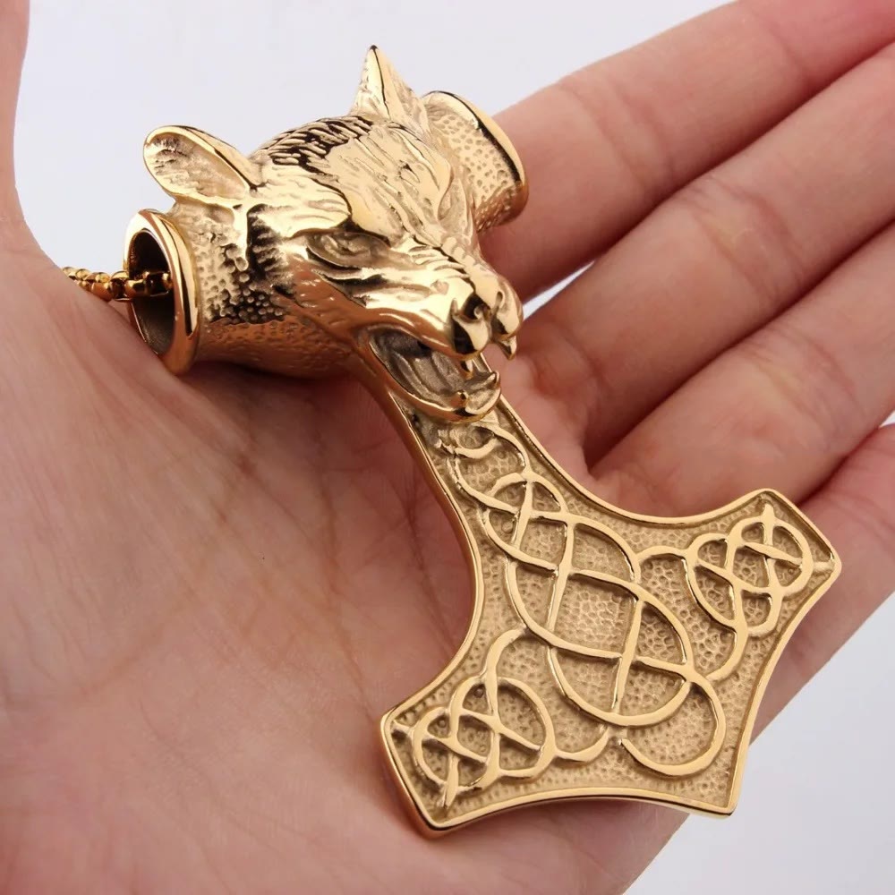 WorldNorse 3 Color Thor's Hammer Wolf Head Necklace