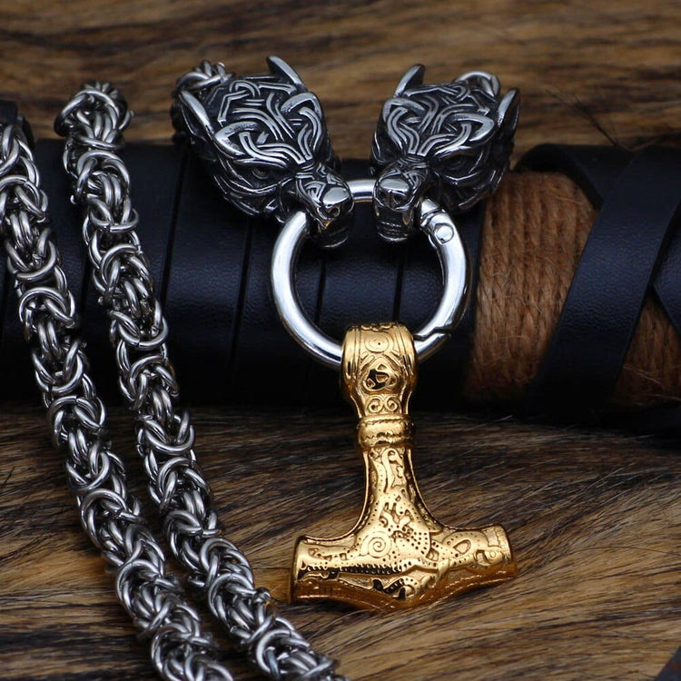 WorldNorse Wolves And Mjolnir's Power Necklace