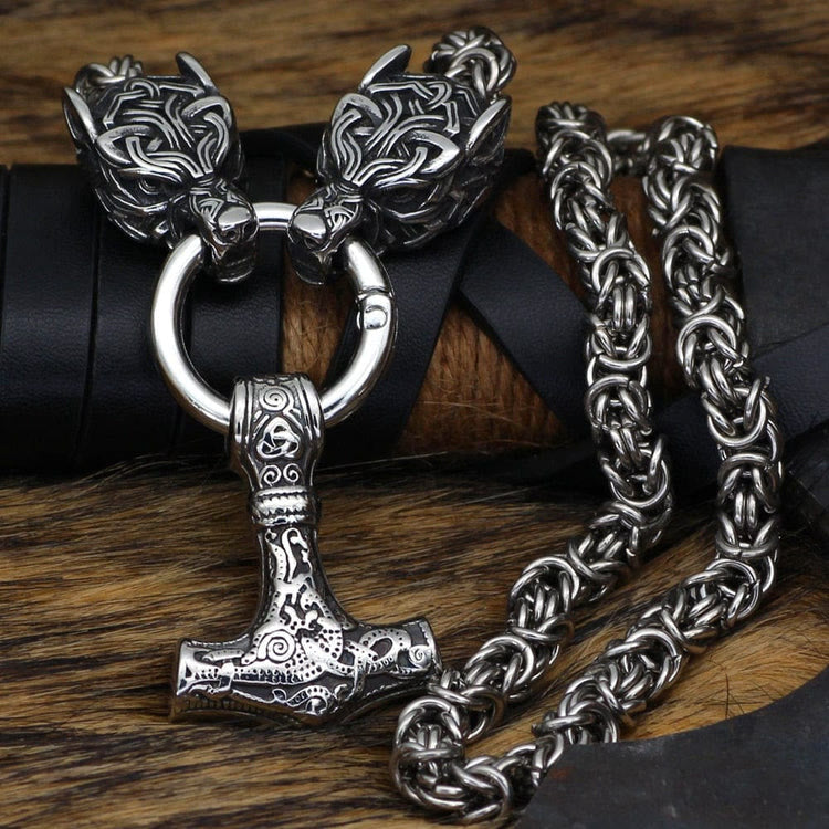 WorldNorse Wolves And Mjolnir's Power Necklace