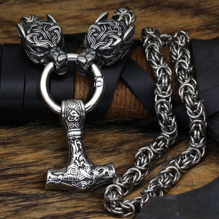 WorldNorse Wolves And Mjolnir's Power Necklace