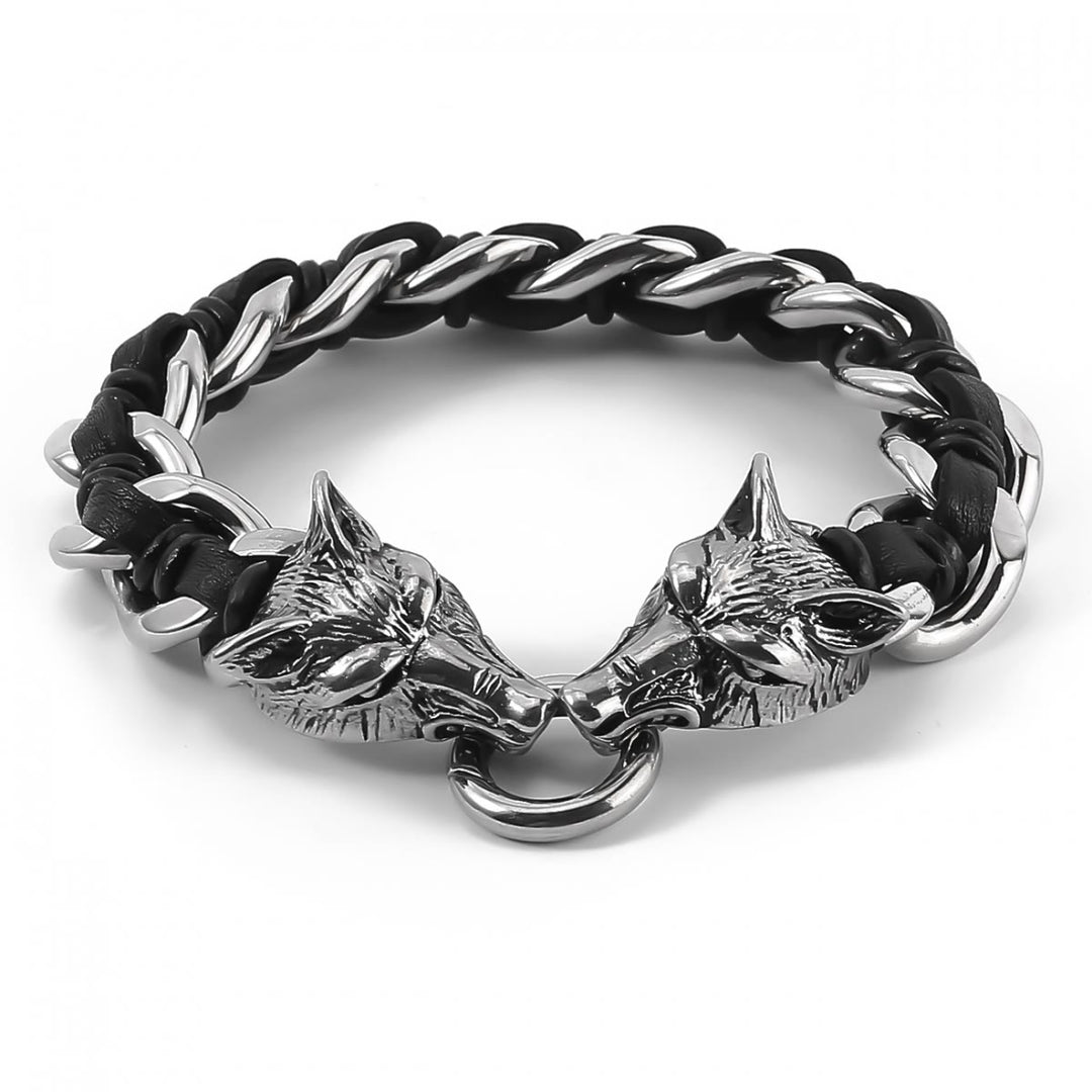 WorldNorse Wolves Head Interwoven Leather Chain Bracelet