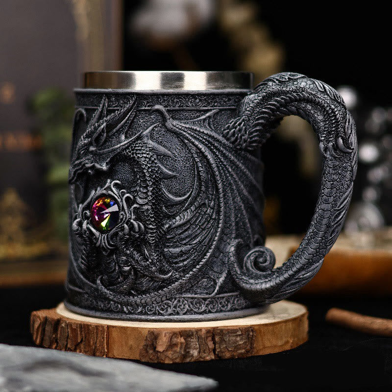 Tasse à Dés Viking En Cuir Avec Dragon En Relief - Noir - Ulfberth - Neuf