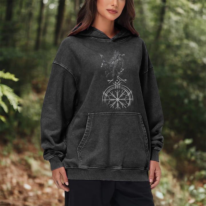 WorldNorse Gothic Raven Vegvisir Print Washed Hoodie - image 11