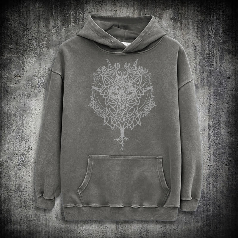 WorldNorse Fenrir Wolf Tree Of Life Washed Hoodie - Grey - 3XL - image 13