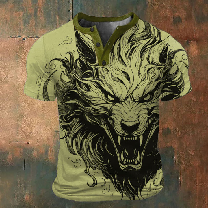WorldNorse Savage Wolf Art Henley T-Shirt - Green - US/UK/AU52,EU62 (6XL) - image 0
