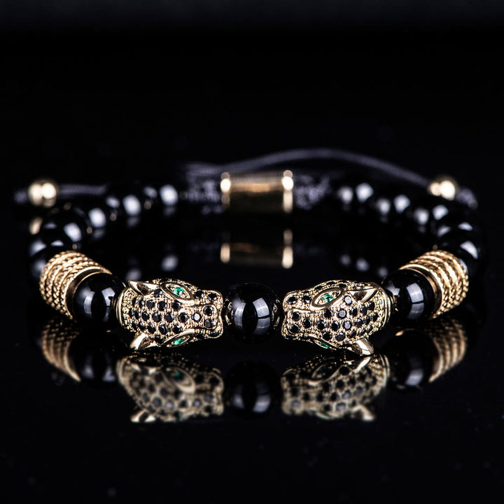 WorldNorse Double Leopard Head Roman Numerals Beaded Bracelet