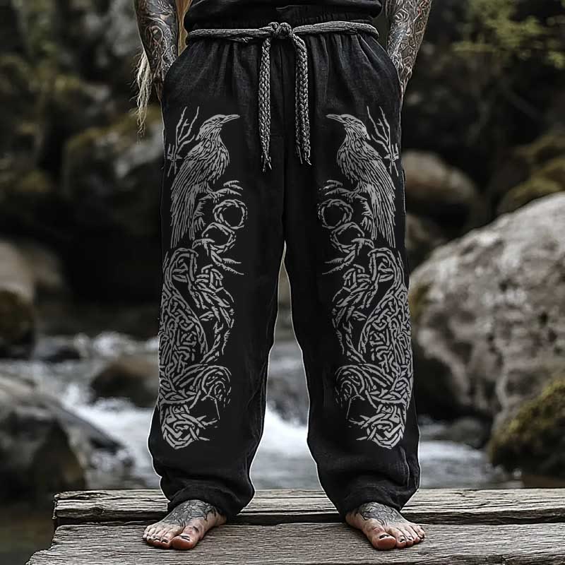 Worldnorse Viking Vintage Raven Celtic Knot Linen Pants for Men