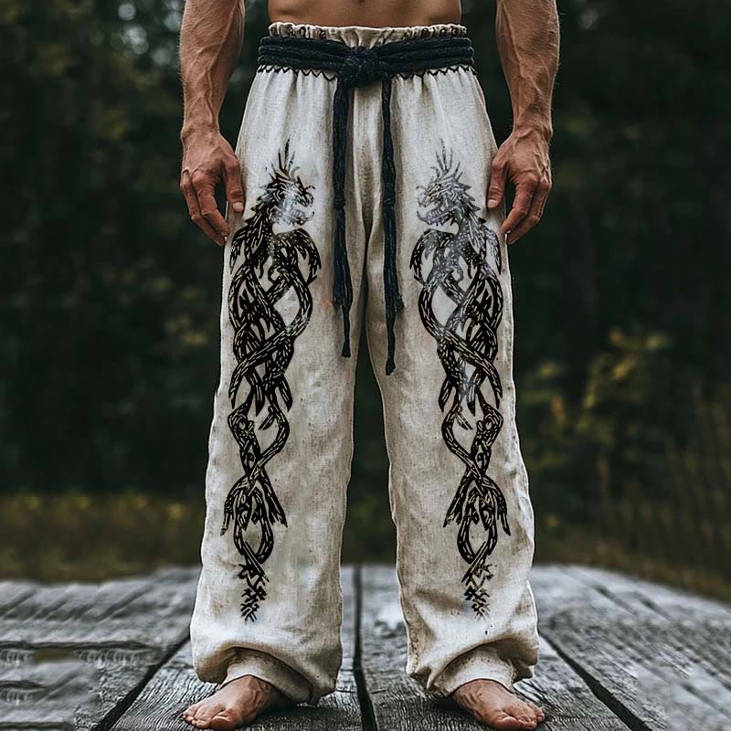 Worldnorse Viking Tribal Norse Dragon Linen Pants - Comfortable
