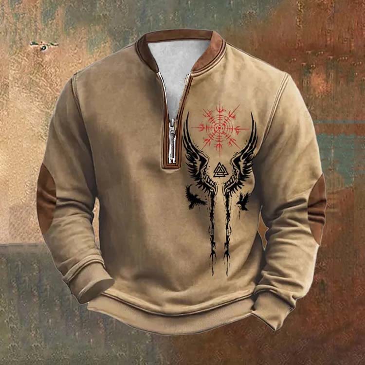 WorldNorse Mystic Valknut Helm of Awe Winged Zipper Sweatshirt - Khaki - US/UK/AU52,EU62 (6XL) - image 2