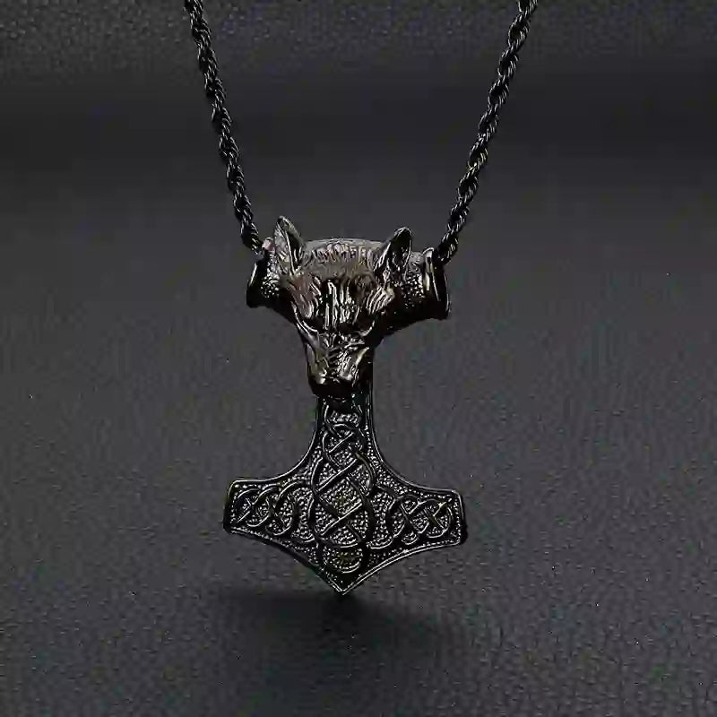 WorldNorse 3 Color Thor's Hammer Wolf Head Necklace