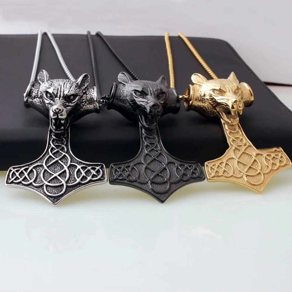 WorldNorse 3 Color Thor's Hammer Wolf Head Necklace