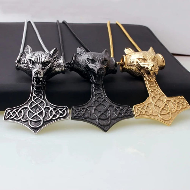 WorldNorse 3 Color Thor's Hammer Wolf Head Necklace