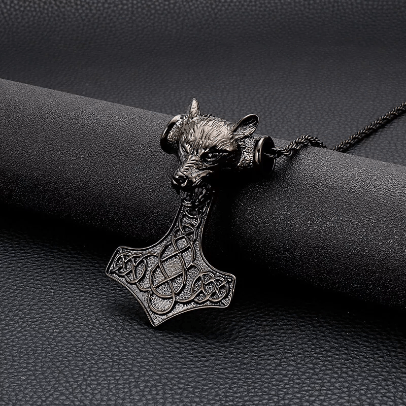 WorldNorse 3 Color Thor's Hammer Wolf Head Necklace