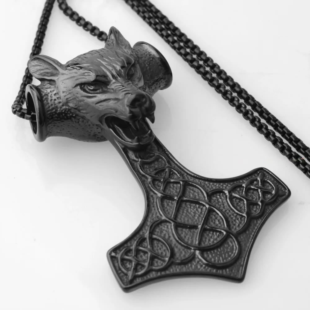 WorldNorse 3 Color Thor's Hammer Wolf Head Necklace
