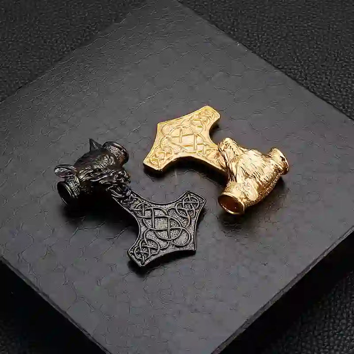 WorldNorse 3 Color Thor's Hammer Wolf Head Necklace