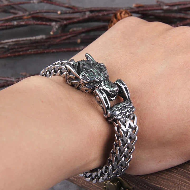 WorldNorse Punk Wolf With Raven Pattern Stainless Steel Bracelet