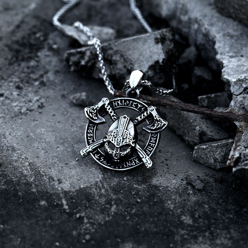 WorldNorse Double Tomahawk Warrior Helmet With Rune Necklace