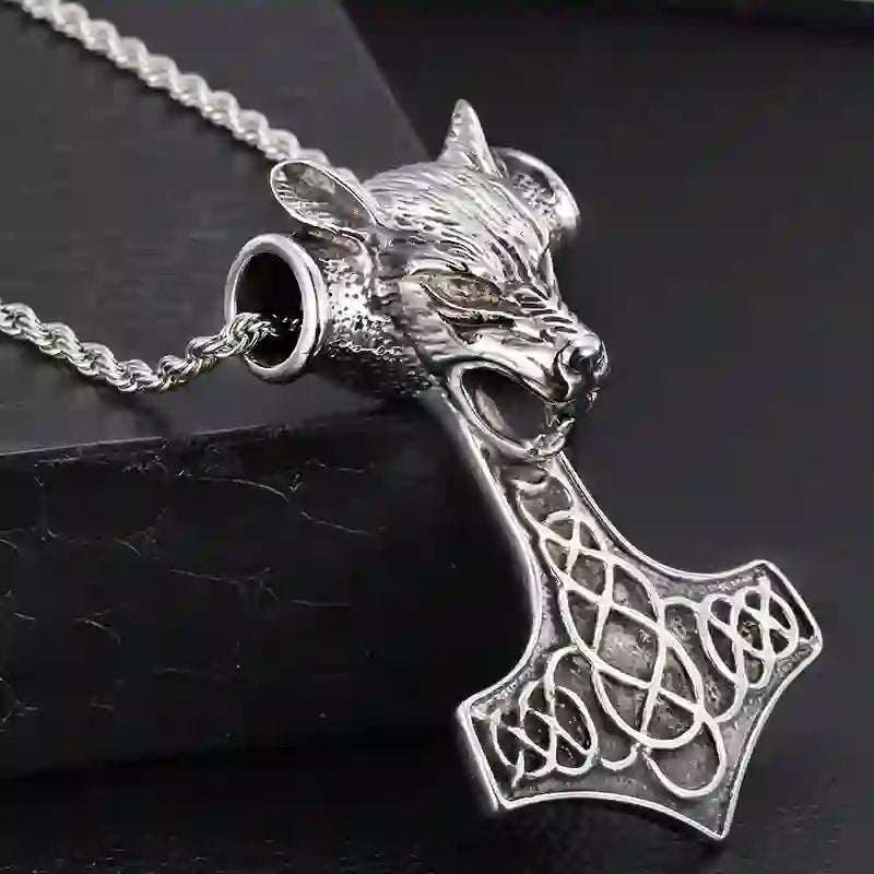 WorldNorse 3 Color Thor's Hammer Wolf Head Necklace
