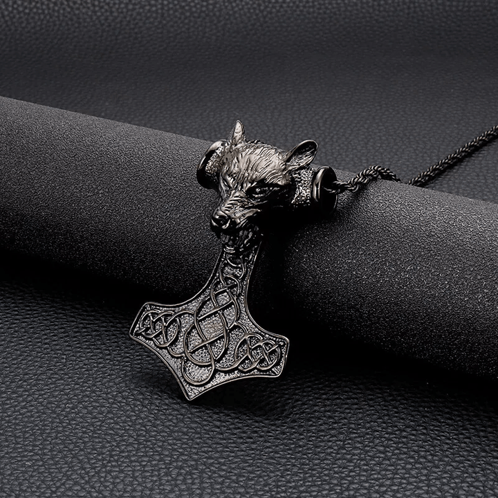 WorldNorse 3 Color Thor's Hammer Wolf Head Necklace