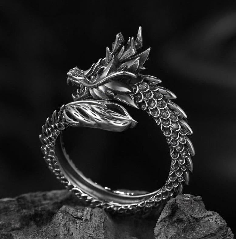 WorldNorse Darkened Steel and Silver Dragon Ring