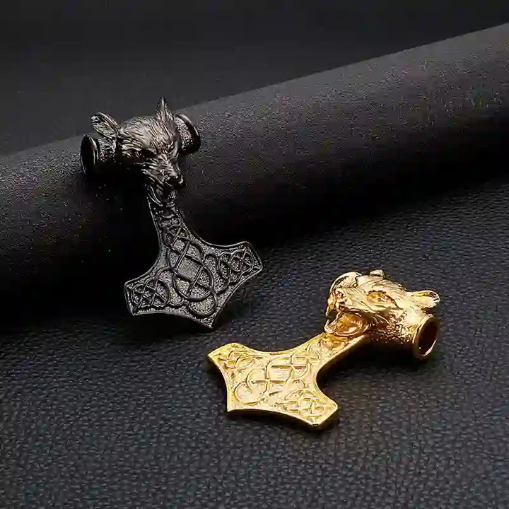 WorldNorse 3 Color Thor's Hammer Wolf Head Necklace