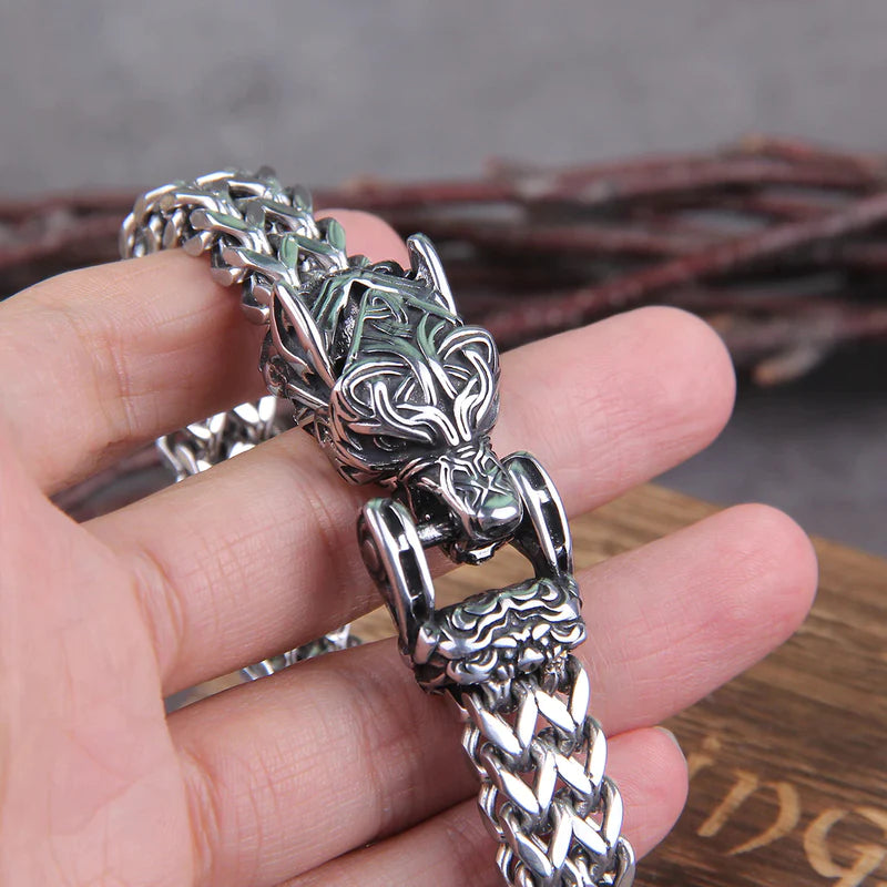 WorldNorse Punk Wolf With Raven Pattern Stainless Steel Bracelet