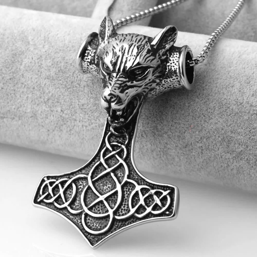WorldNorse 3 Color Thor's Hammer Wolf Head Necklace