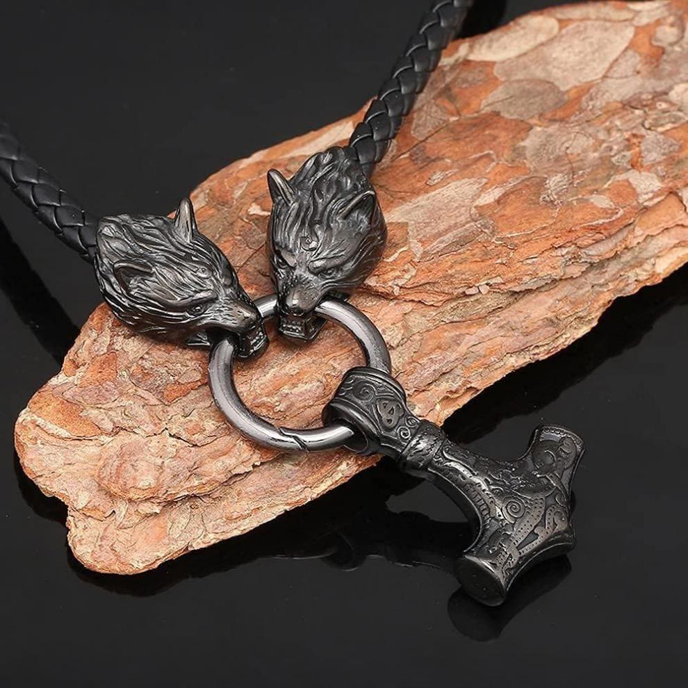 WorldNorse Viking Mjolnir Wolf Leather Rope Necklace