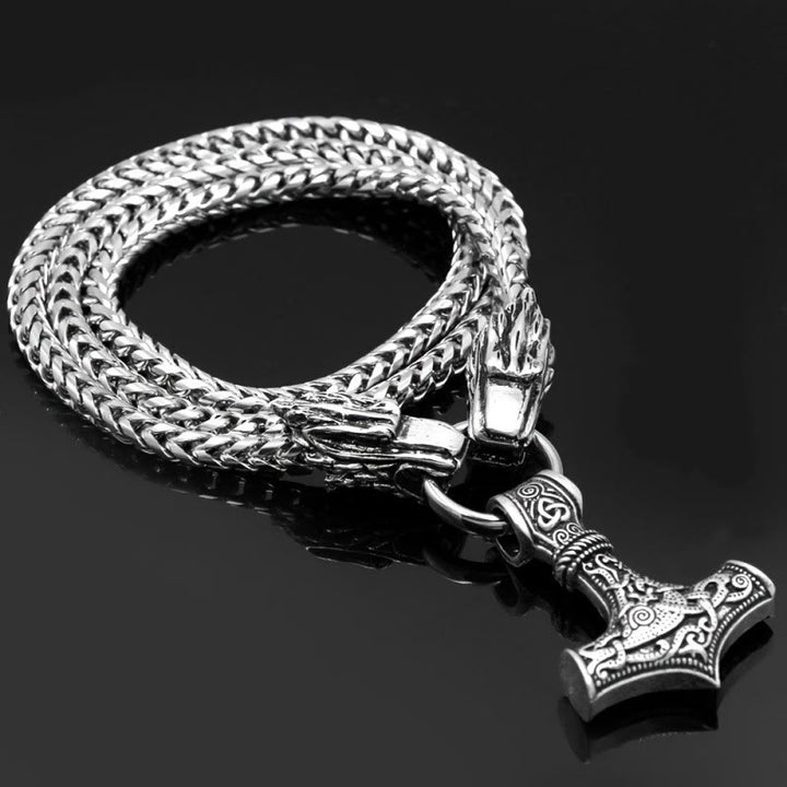 WorldNorse Mjolnir With Norse Double Dragon Keel Chain Necklace