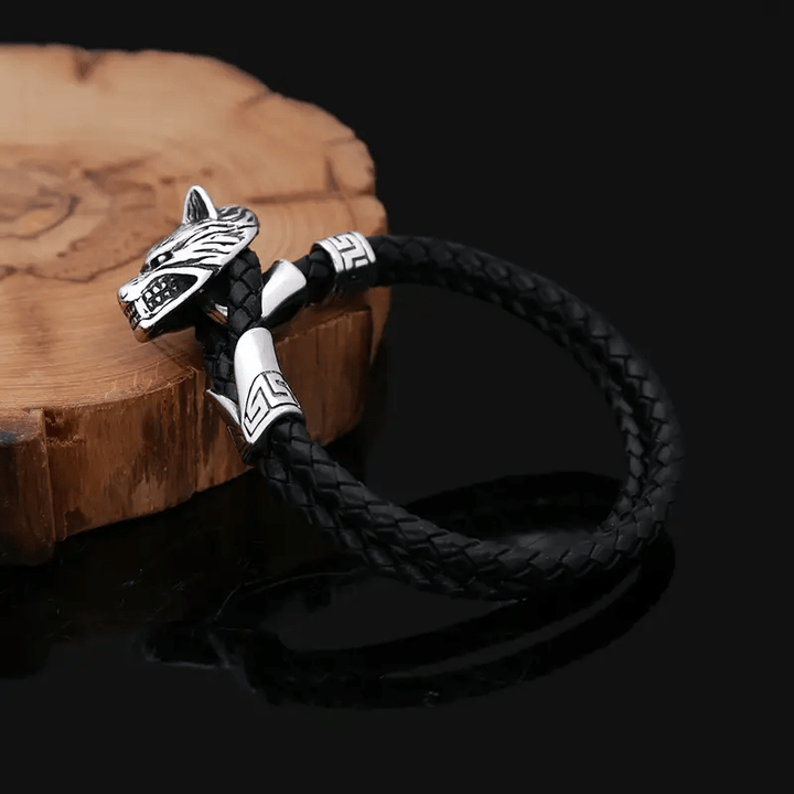 WorldNorse Wolf Head Double Leather Braided Bracelet