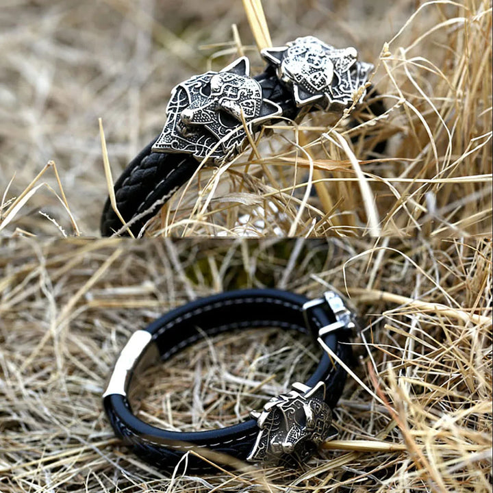 WorldNorse Double Wolf Head Leather Bracelet