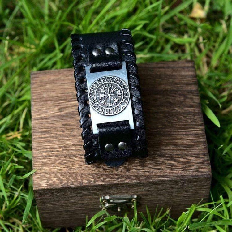 Flash Sale - WorldNorse Genuine Leather Buckle Arm Cuff Vegvisir Metal Bracelet