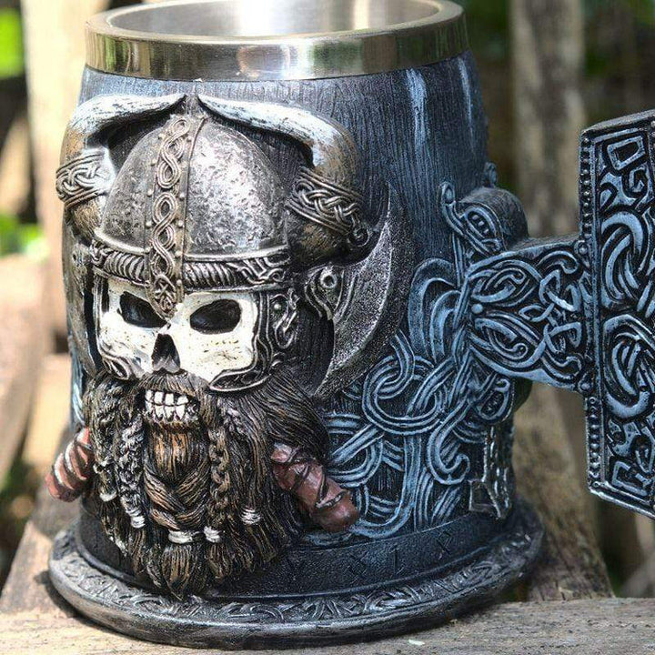 WorldNorse Mjolnir Skull With Horned Helmet Tankard Mug