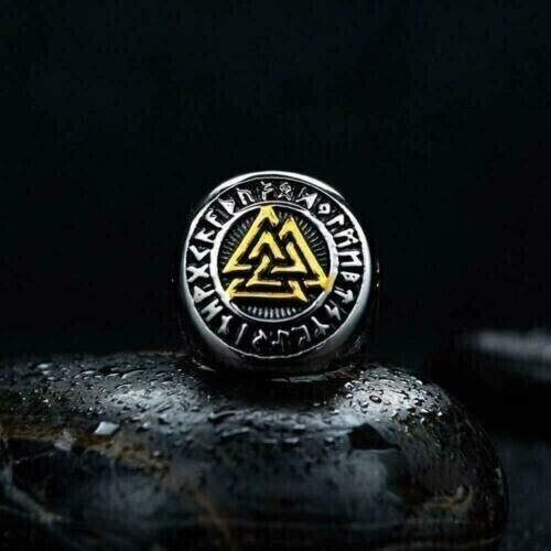 WorldNorse Runes Valknut Triangle Stainless Steel Viking Ring