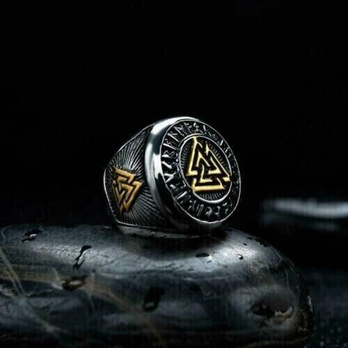 WorldNorse Runes Valknut Triangle Stainless Steel Viking Ring