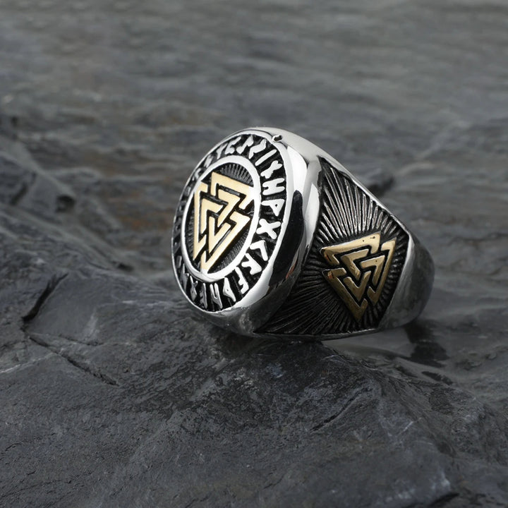 WorldNorse Runes Valknut Triangle Stainless Steel Viking Ring