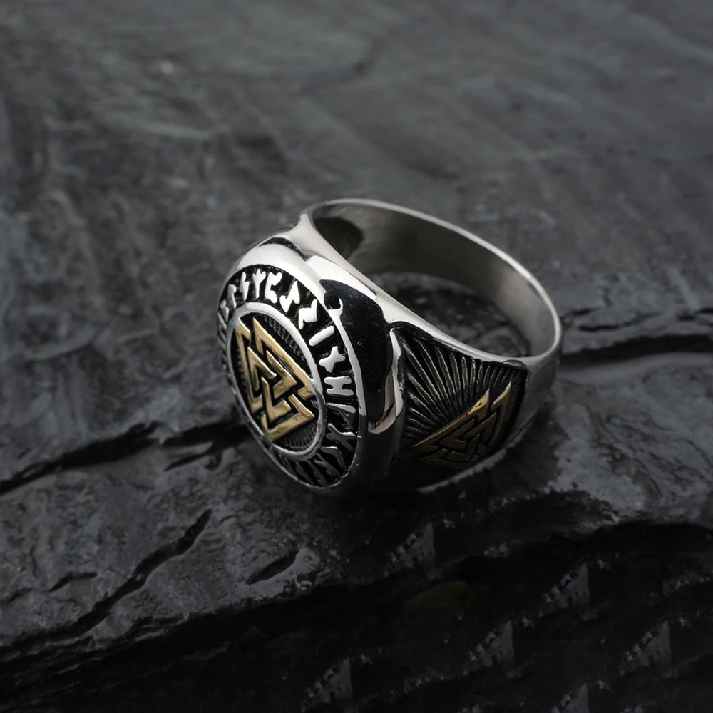 WorldNorse Runes Valknut Triangle Stainless Steel Viking Ring