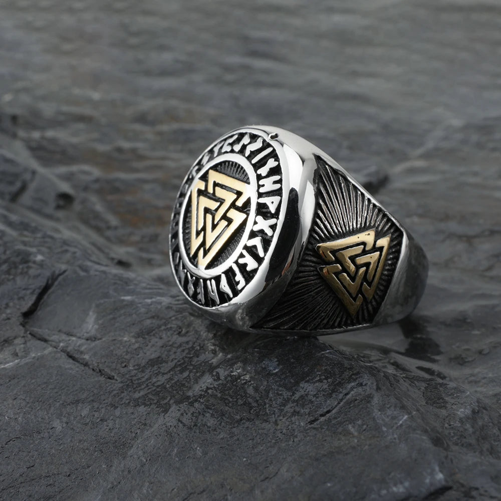 WorldNorse Runes Valknut Triangle Stainless Steel Viking Ring - US 14 - image 0