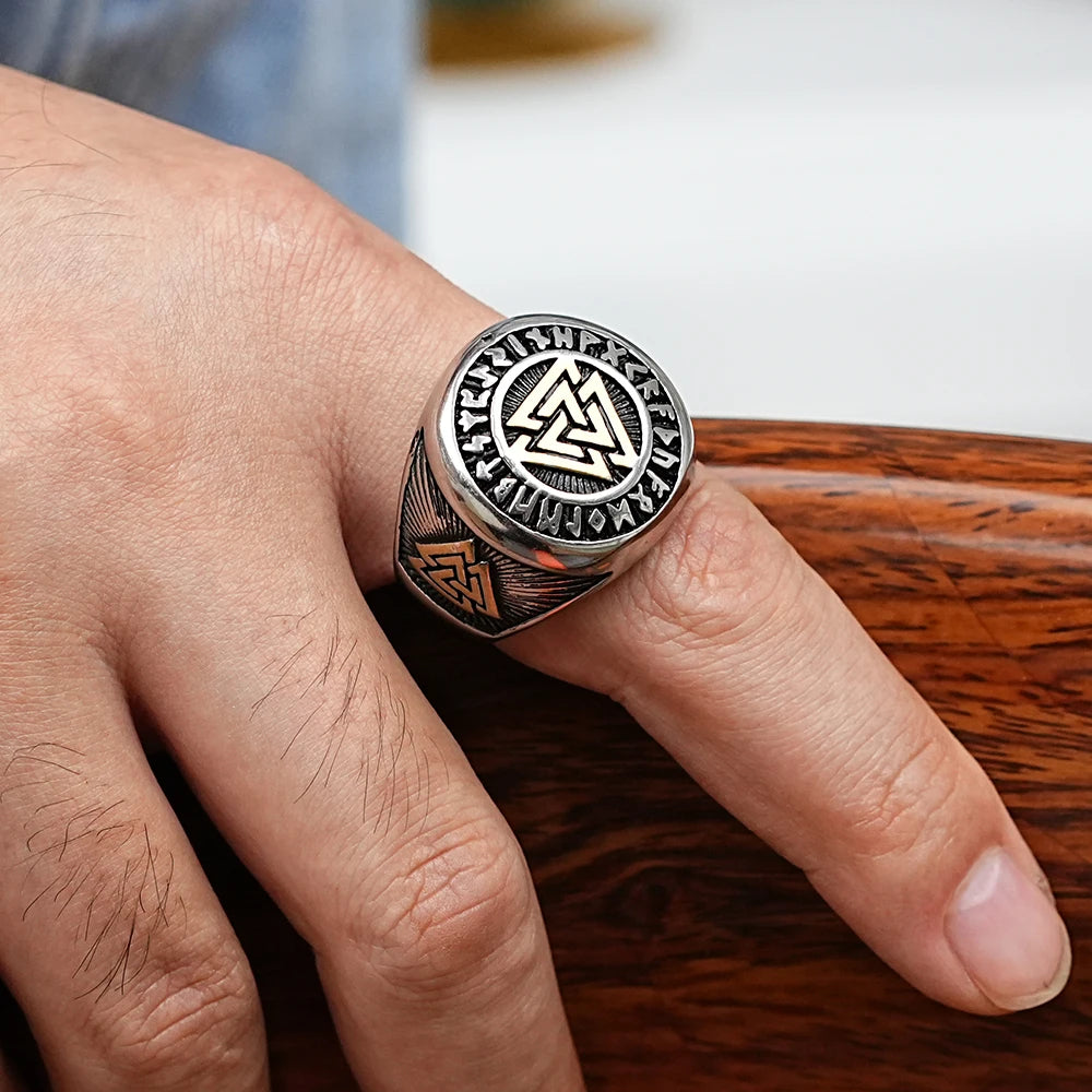 WorldNorse Runes Valknut Triangle Stainless Steel Viking Ring