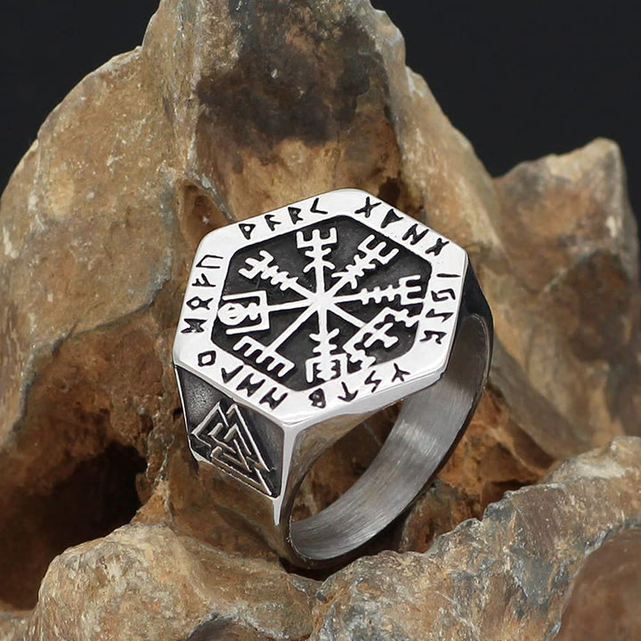 WorldNorse Valknut Compass Stainless Steel Viking Ring