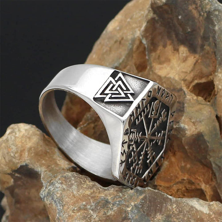 WorldNorse Valknut Compass Stainless Steel Viking Ring