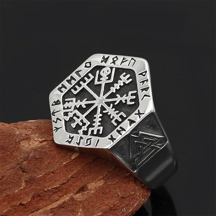 WorldNorse Valknut Compass Stainless Steel Viking Ring