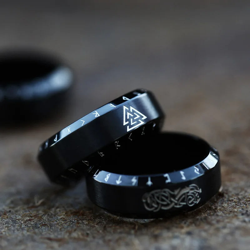 WorldNorse Norse Dragon Runes Stainless Steel Viking Ring - Black Valknut - US 13 - image 1