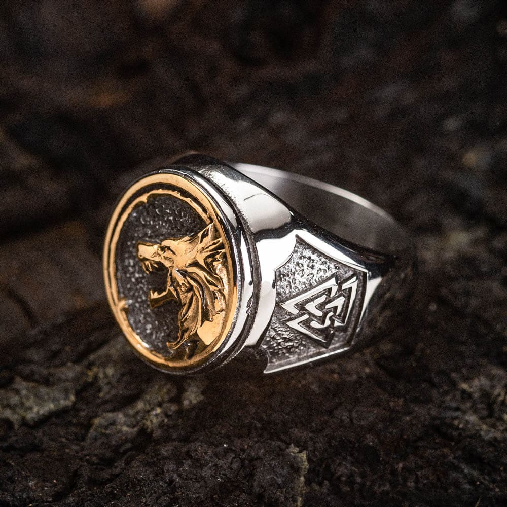 WorldNorse Dual Color Valknut With Wolves Viking Ring