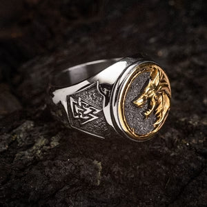 WorldNorse Dual Color Valknut With Wolves Viking Ring