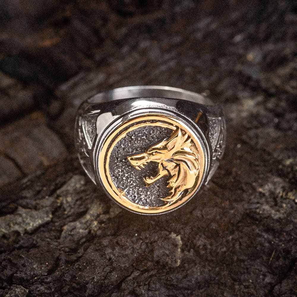 WorldNorse Dual Color Valknut With Wolves Viking Ring