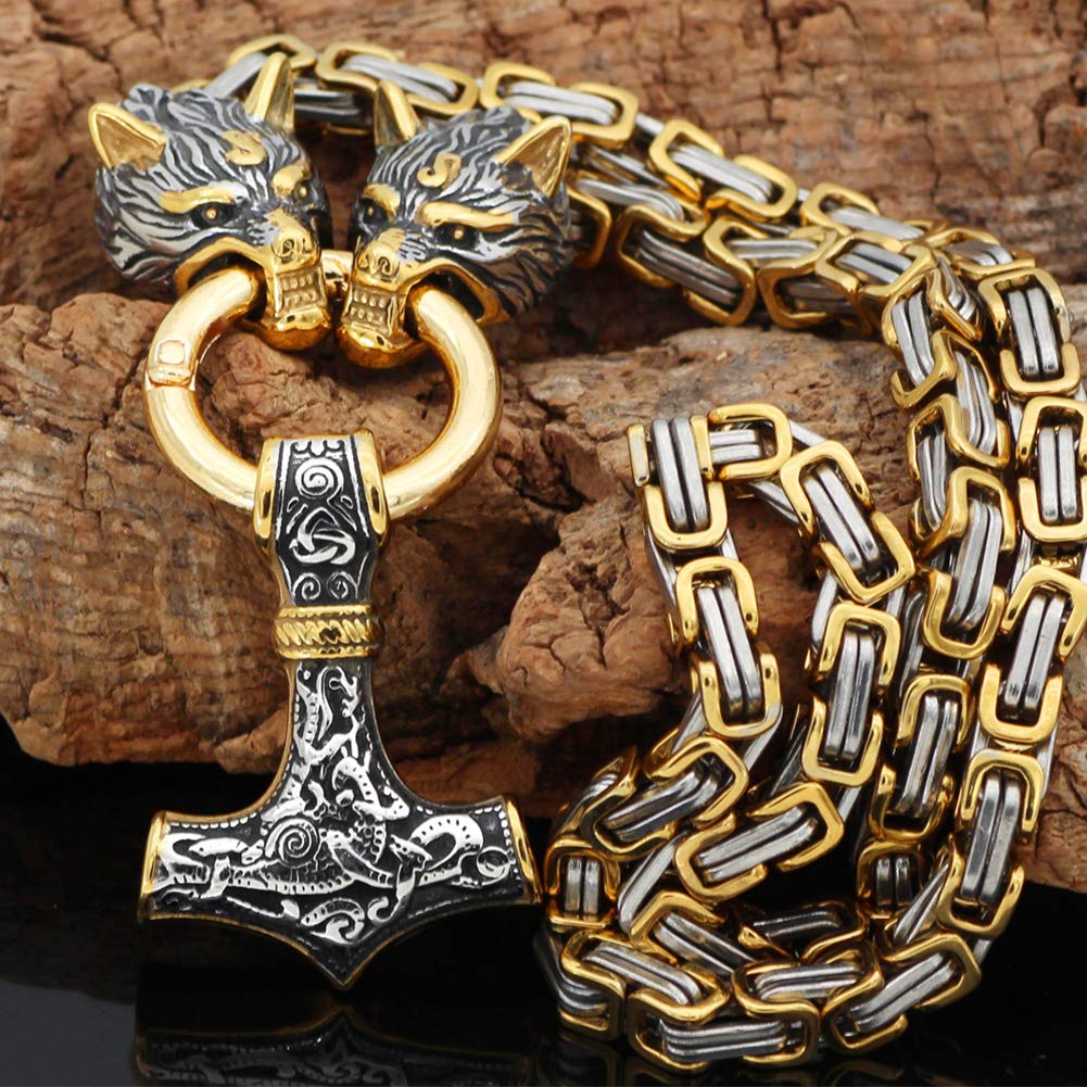 WorldNorse Vintage Viking Mjolnir With Wolves Necklace & Bracelet - Gold Necklace - image 14