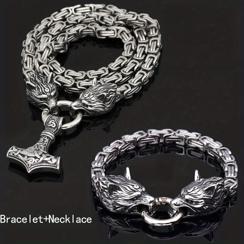 WorldNorse Vintage Viking Mjolnir With Wolves Necklace & Bracelet - Silver Set - image 25